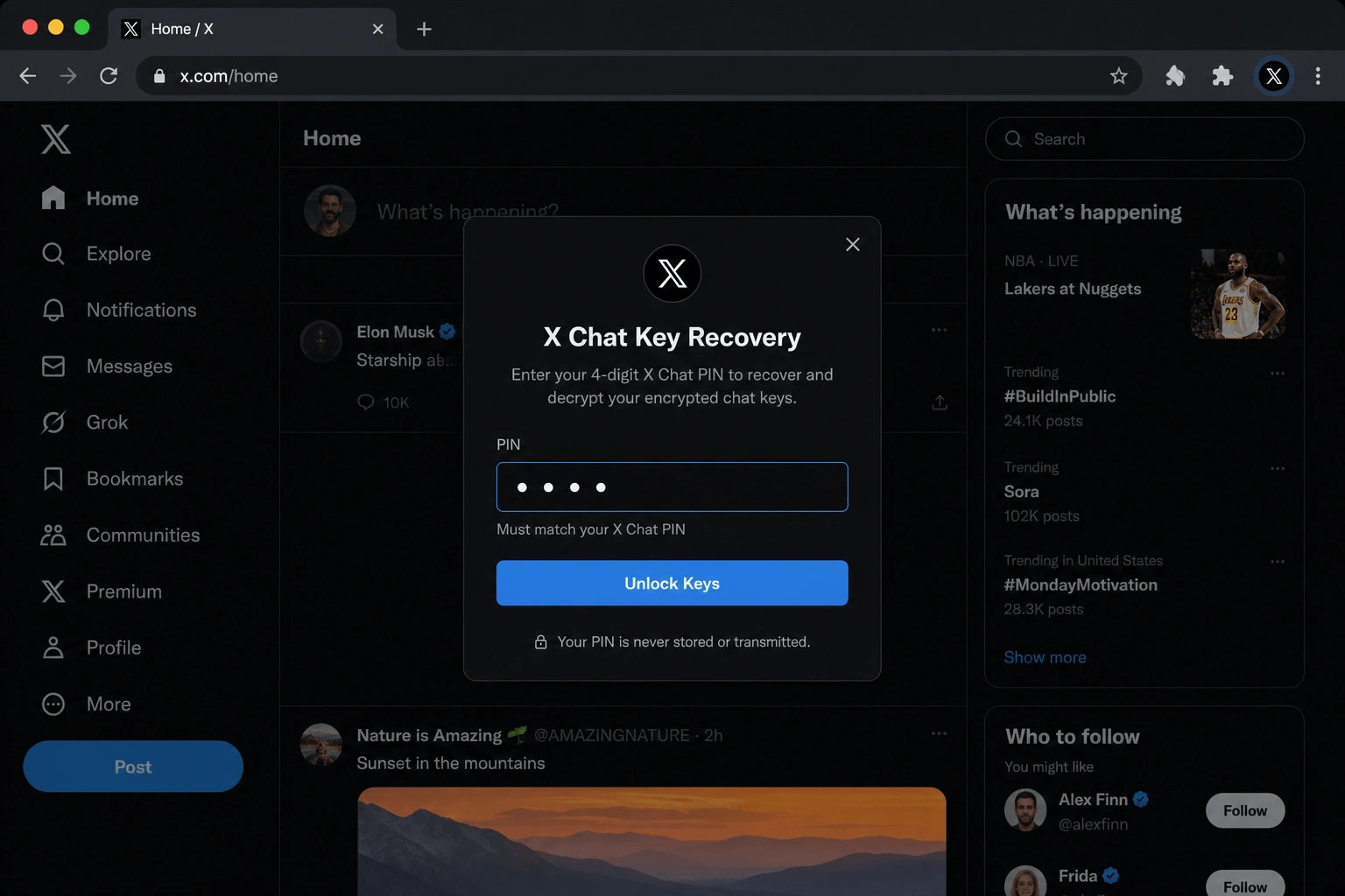 Enter 4-digit X Chat PIN for encrypted DM key recovery in TW DM Bot
