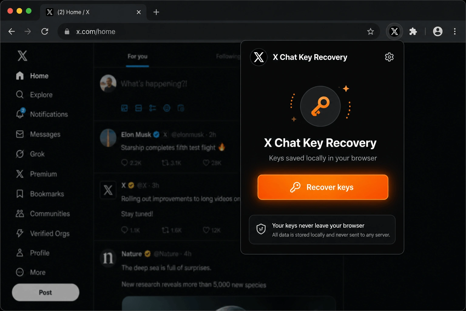 Recover X Chat encryption keys locally in browser with Recover keys button